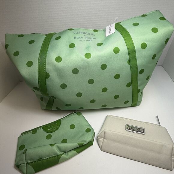 Kate Spade x Clinique Green Polka Dot Tote Bag Plus 2 Small Cosmetic Bags New - Picture 2 of 8